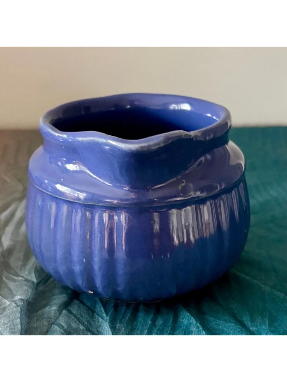 Vintage Cobalt Blue Pottery Creamer Pitcher Ribbed Ceramic Farmhouse